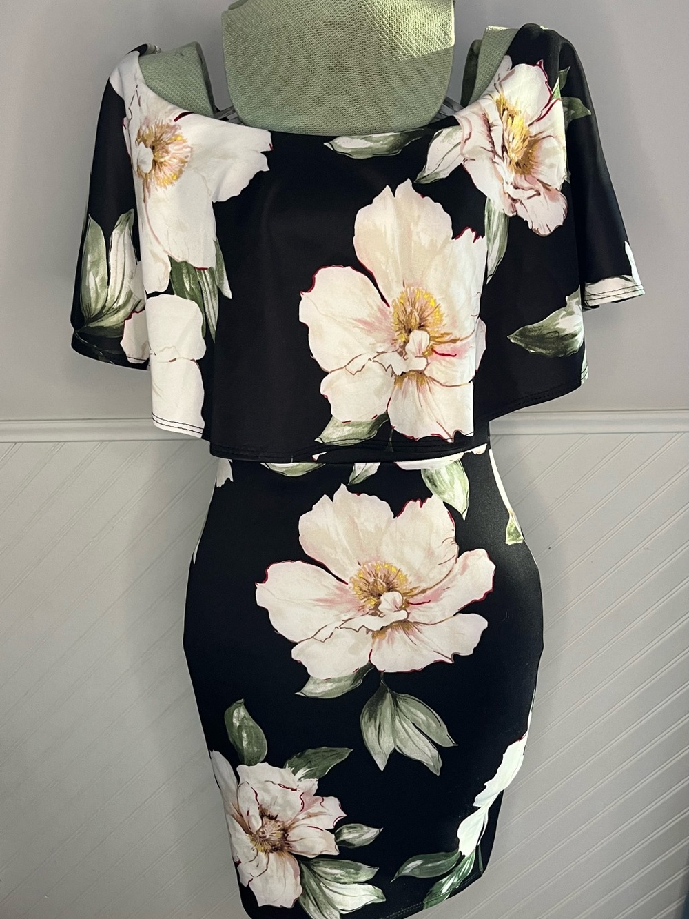 Soprano Black Mini Dress with White & Green Floral Print